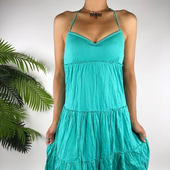 Vintage Y2K L.E.I Blue Boho Fairycore Beachy Casual Babydoll Halter Mini Dress S - Picture 2 of 8